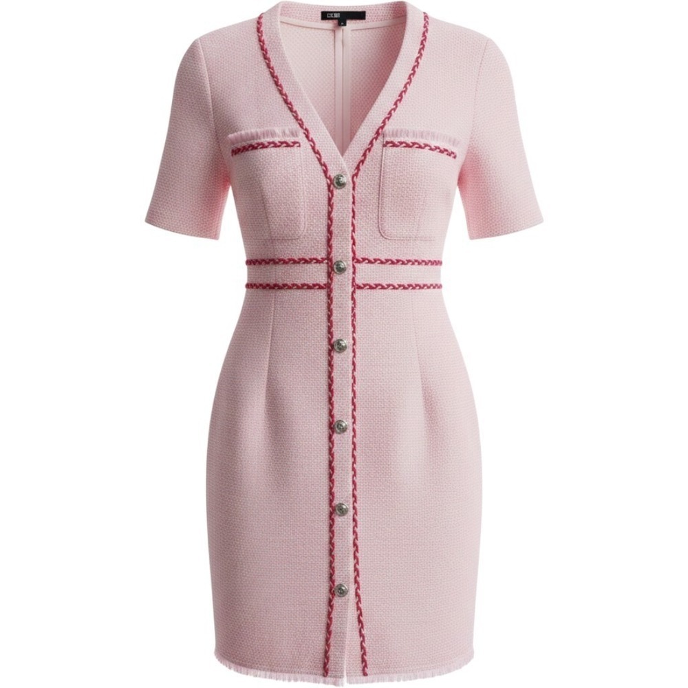 Maje Rose Pink Recycled Cotton Tweed Mini Dress Braided Trim Size 34 New